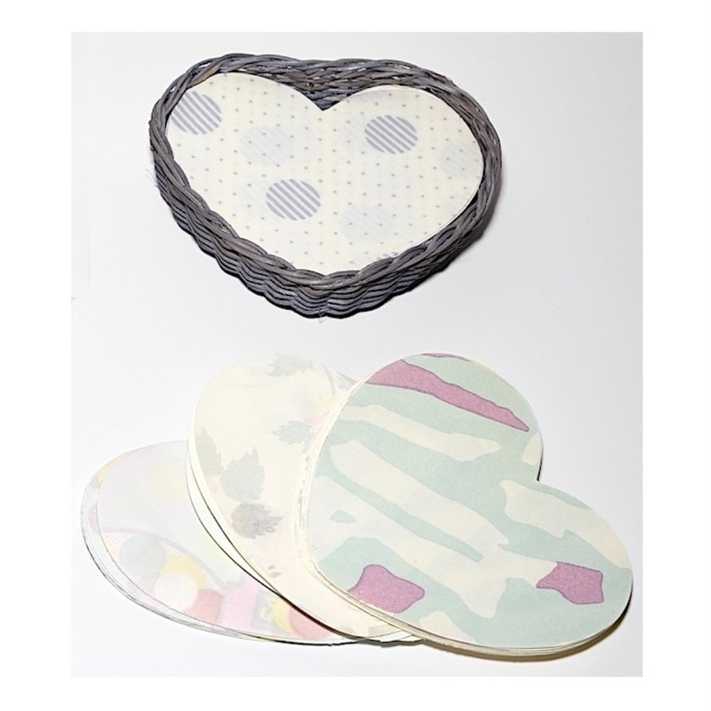 Vintage Heart Shaped, Pastel, Patterned Note Paper in Matching Basket